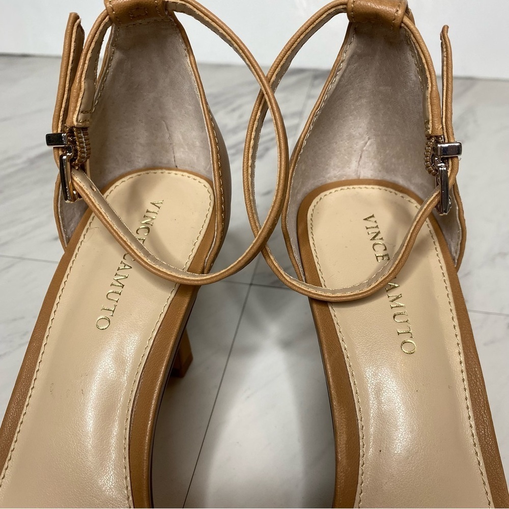 Vince Camuto Enella Square Toe Brown Leather Heel Sandal 7 1/2 M - Picture 10 of 12